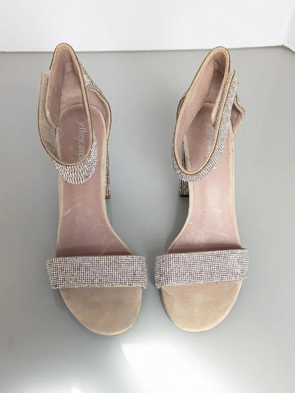 Jeffrey Campbell Silver Crystal Studded Sandal Size 8 Block Heel Strappy Sparkle
